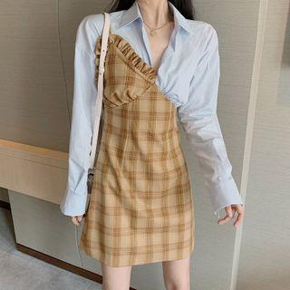 Mock Two-piece Plaid Long-sleeve Mini Collared Dress