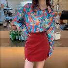 Print Long-sleeve Shirt / Plain High-waist A-line Mini Skirt