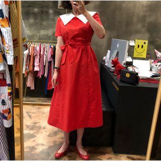 Collared Short-sleeve Midi A-line Dress