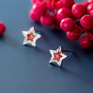 Star Ear Stud 1 Pair - S925 Silver - Red & Silver - One Size
