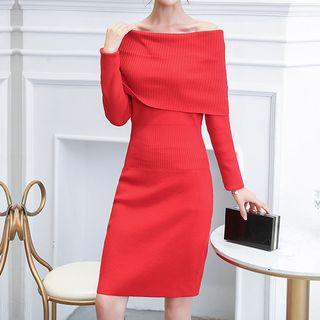 Long-sleeve Off-shoulder Sheath Knit Dress