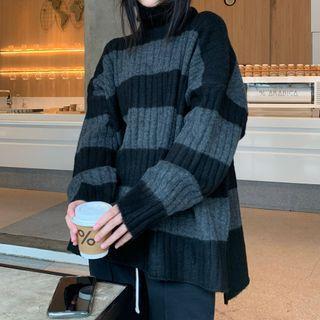 Turtleneck Striped Sweater Stripes - Black & Gray - One Size
