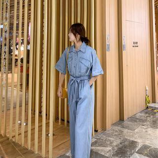 Elbow-sleeve Cargo Wide-leg Jumpsuit