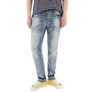 Plus Size Band-waist Distressed Straight-cut Jeans