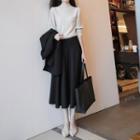 Set: Puff Sleeve Mock Neck Sweater + Plain A-line Skirt