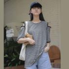 Elbow-sleeve Cold Shoulder Striped T-shirt Stripes - Black & White - One Size