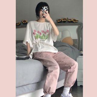 Short-sleeve Floral Print T-shirt / Harem Pants