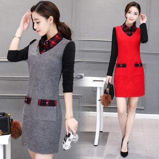 Mock Two Piece Plaid Trim Shift Dress