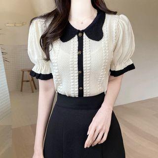 Collared Two-tone Cable-knit Top