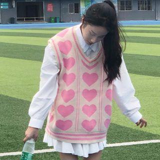 Heart Print Sweater Vest / Shirt / Mini Skirt