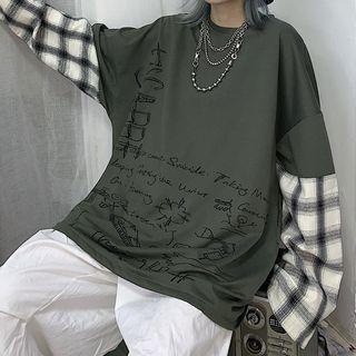 Plaid Panel Long-sleeve T-shirt Gray - One Size