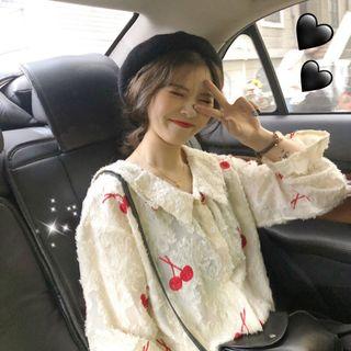 Cherry Embroidered Chiffon Top Almond - One Size