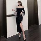 Long-sleeve Off-shoulder Plain Side-slit Skirt