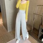 Plain V-neck Long-sleeve Slim-fit Top / High-waist Loose-fit Pants