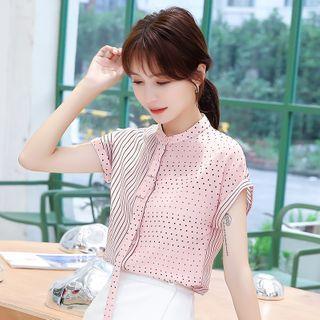 Cap-sleeve Dotted Striped Buttoned Chiffon Blouse