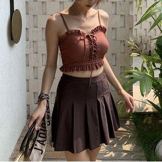 Set: Spaghetti-strap Lace-up Swim Top + Bottom + Pleated Swim Skirt