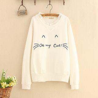Lace Trim Cat Ear Embroidered Pullover