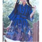 3/4-sleeve Striped Top / Pleated Skirt / Belt