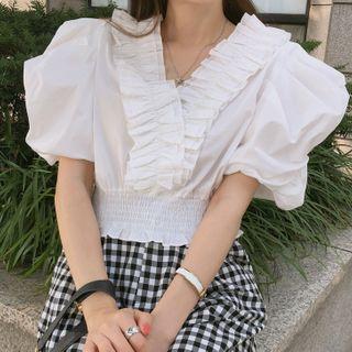 Puff-sleeve Smocked-waist Frilled Blouse