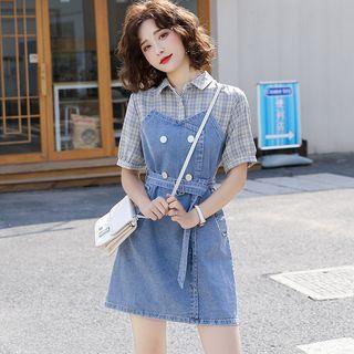 Mock Two-piece Short-sleeve Denim Mini Dress