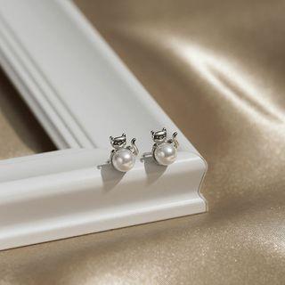 Cat Faux Pearl Sterling Silver Earring 1 Pair - Silver - One Size