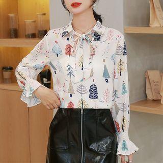 Tie-neck Christmas Tree Print Chiffon Blouse