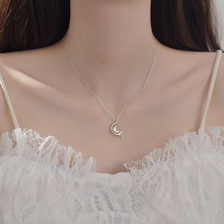 925 Sterling Silver Faux Crystal Moon Pendant Necklace Silver - One Size