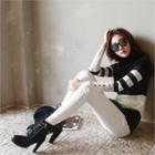 Turtle-neck Color-block Rib-knit Top