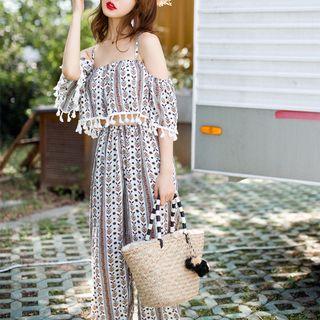 Set: Patterned Bikini + Cover-up + Wide Leg Pants