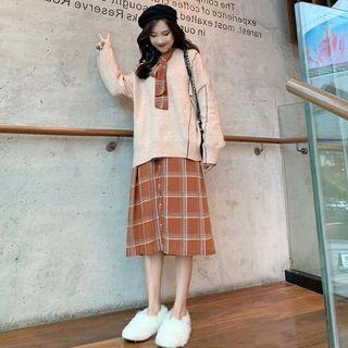 Set: Tie-neck Plaid Midi A-line Dress + V-neck Contrast Trim Sweater