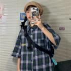 Lettering Plaid Short-sleeve Shirt As Shown In Figure - One Size