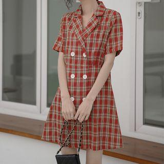 Short-sleeve Double-breasted Plaid Shirtdress