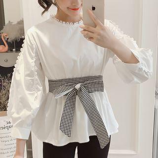 Lace Trim Balloon-sleeve Blouse With Sash