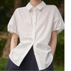 Puff-sleeve Collared Button-up Plain Blouse
