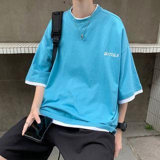 Elbow-sleeve Mock Two-piece Letter Embroidered T-shirt