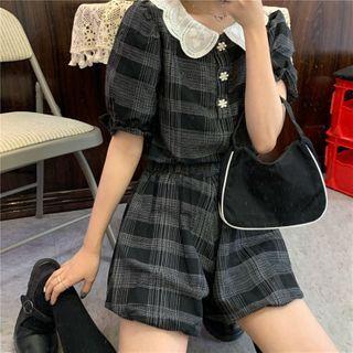 Puff-sleeve Peter Pan Collar Plaid Blouse + High-waist Plaid Shorts