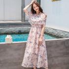 Short-sleeve Cold Shoulder Floral A-line Midi Dress