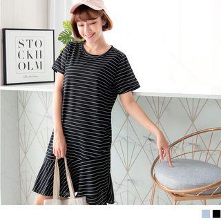 Ruffled Hem Short Sleeve Striped Dress