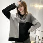 Long-sleeve Color Block Knit Top Dark Gray - One Size