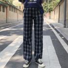 Plaid Straight Leg Pants Plaid - Navy Blue - One Size