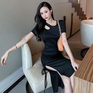Short-sleeve Asymmetrical Cutout Drawstring Midi Bodycon Dress