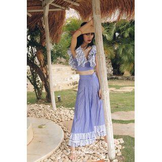 Set: Open Back Striped Crop Sleeveless Top + Wide-leg Pants