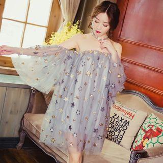 Star Sequined Off-shoulder Long-sleeve Dress