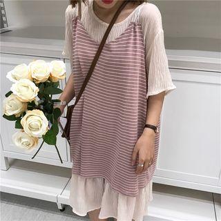 Set: Short-sleeve Dress + Stripe Spaghetti Strap Dress
