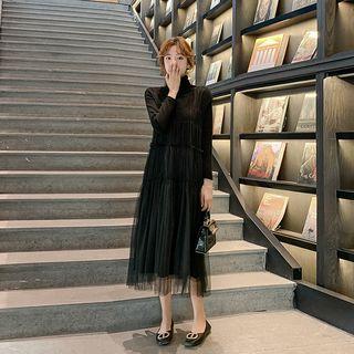 Set: Turtleneck Long-sleeve Top + Sleeveless Midi Mesh Dress