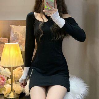 Long-sleeve Cutout Knit Mini Sheath Dress Black - One Size