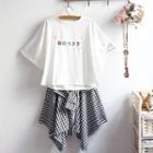 Elbow-sleeve Embroidered T-shirt / Plaid Mini A-line Skirt / Set