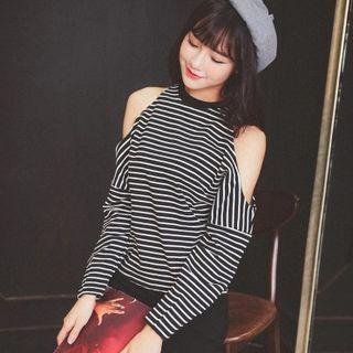 Cut Out Shoulder Striped Pullover