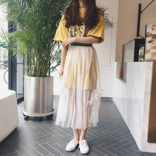 Set: Lettering Short-sleeve Long T-shirt + Mesh Midi Skirt