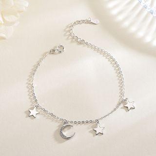 925 Sterling Rhinestone Moon & Star Bracelet Brs080 - Silver - One Size